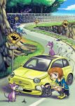  1girl black_skirt blue_eyes blue_jacket blue_sky brown_hair caltrops car cloud commentary_request flat_tire jacket motor_vehicle outdoors parted_lips pleated_skirt pointing pokemon rattata saboteri_(savot) shoes short_hair sign skirt skorupi sky smoke squatting tree yellow_shoes 