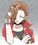  1boy ace_attorney brown_hair collarbone fingerless_gloves gloves grey_eyes hair_over_one_eye hand_in_own_hair jacket looking_at_viewer male_focus matt_engarde minashirazu open_mouth phoenix_wright:_ace_attorney_-_justice_for_all red_jacket shirt short_hair simple_background solo upper_body 