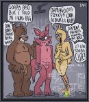 anthro avian bathing beak bear bird black_border border breasts breasts_nipples brown_bear camera canid canine chica_(fnaf) chicken english_text female five_nights_at_freddy's foreskin fox foxy_(fnaf) freddy_(fnaf) galliform genitals group hi_res humiliation laughing_at male mammal micropenis nipples nude nude_anthro nude_female nude_male penis phasianid pubes public_shower samrockwell420 scottgames security security_camera shower shower_room showering showering_together small_penis text trio true_fox ursine