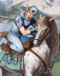  1boy alfie_(retroxknight) arm_warmers beanie blonde_hair blue_arm_warmers blue_eyes blue_hat blue_hoodie blue_lips blue_pants blue_sleeves english_commentary feathers forest hat heart_ornament highres hood hood_down hoodie horse_print horseback_riding horseshoe_hat_ornament horseshoe_ornament johnny_joestar jojo_no_kimyou_na_bouken male_focus medium_hair mountainous_horizon nature pants purple_sleeves riding saddlebags slow_dancer_(jojo) solo star_(symbol) star_print steel_ball_run two-tone_sleeves 