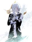  1boy allen_walker bangs black_jacket black_order_uniform closed_eyes closed_mouth cofffee d.gray-man facial_mark gloves hair_between_eyes jacket male_focus military_jacket putting_on_gloves short_hair snowflake_background solo timcanpy white_background white_gloves white_hair 