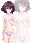  1girl absurdres bikini blush breasts brown_hair closed_mouth highres levana_violette_(lusan666) lusan666 navel original purple_eyes short_hair small_breasts stomach striped striped_bikini swimsuit white_background 
