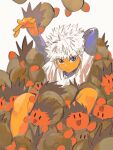  2boys 7enn :d brown_hair clone closed_mouth colored_skin commentary_request creature gon_freecss grey_eyes hunter_x_hunter killua_zoldyck male_focus multiple_boys orange_skin short_hair simple_background smile solid_oval_eyes spiked_hair white_background white_hair 