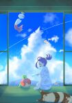  1boy apple applin black_hair blue_sky blush bug chimecho closed_eyes cloud commentary_request drooling food fruit furret hair_between_eyes highres holding holding_food holding_popsicle insect_wings kieran_(pokemon) natu_a0z0ra open_mouth pokemon pokemon_(creature) pokemon_scarlet_and_violet popsicle purple_hair saliva shirt short_sleeves shorts sitting sky smile white_shirt white_shorts wings wooper yanma 