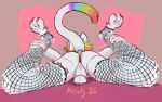  anthro backsack balls blue_eyes chastity_cage chastity_device claws clothing colored_nails colored_toenails dark_anus dark_perineum digital_media_(artwork) domestic_cat draw_over english_text feet felid feline felis female fishnet_clothing fur fur_tuft genitals hair hi_res hindpaw hyperpigmentation looking_at_viewer looking_back looking_back_at_viewer mammal melodybun multicolored_body multicolored_fur multicolored_hair nails paws pink_chastity_cage pink_chastity_device rainbow_body rainbow_fur rainbow_hair raised_tail rear_view revy_(revy) solo tail text toenails toes tuft white_body white_fur 