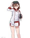  1girl black_cat brown_eyes brown_hair cat dated feet_out_of_frame gym_shirt gym_shorts gym_uniform head-mounted_display highres jacket misaka_imouto misaka_imouto_10032 misaka_imouto_10032&#039;s_cat shirt short_hair shorts simple_background solo takatisakana toaru_majutsu_no_index white_background white_jacket white_shorts 