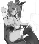  1girl :> animal_ears arm_rest bare_arms blush boots bow bowtie breast_rest breasts buttons chair cleavage closed_mouth commentary_request covered_nipples crossed_legs cuff_links detached_collar elbow_rest fake_animal_ears fold-over_boots gaming_chair greyscale hair_intakes head_tilt highres lapels large_breasts limp_wrist looking_at_viewer miton-chan_(miton_(turuyasann)) miton_(turuyasann) monochrome one_eye_closed one_side_up original palmar_flexion rabbit_ears simple_background smile solo swivel_chair thigh_boots thighs traditional_bowtie translation_request unaligned_breasts vest white_background wrist_cuffs 