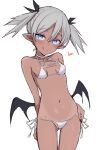  1girl :q ass_visible_through_thighs bangs bat_wings bikini blue_eyes blush breasts cameltoe collarbone commentary_request cowboy_shot dark-skinned_female dark_skin eyes_visible_through_hair grey_hair groin hair_between_eyes hand_on_hip heart highres low_wings navel nonono_(mino) original petite pointy_ears short_hair side-tie_bikini_bottom simple_background small_breasts smile solo stomach string_bikini swimsuit tongue tongue_out twintails white_background white_bikini wings 