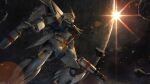  absurdres asteroid beam_cannon blue_eyes copyright_notice crater debris earth_federation f91_gundam gundam gundam_battle_operation_2 gundam_f91 highres lens_flare light_rays mecha mecha_focus mobile_suit moon no_humans official_art painting_(medium) promotional_art realistic robot scan science_fiction solo space sunbeam sunlight sunrise sunrise_(company) tenjin_hidetaka traditional_media v-fin zero_gravity 