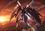  artist_request battle cloud cloudy_sky colorful_cloudy_sky contrail crossbone_gundam crossbone_gundam_x-1 crossbone_gundam_x-1_full_cloth crossbone_vanguard dusk flying green_eyes gundam jolly_roger looking_at_viewer mecha mecha_focus missile mobile_suit realistic robot science_fiction sky solo sun sunlight v-fin 