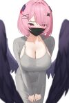  1girl 4kebidayo black_mask black_wings blush breasts cleavage collarbone covered_mouth covered_navel dongtan_dress dress feathered_wings grey_dress grey_jacket hair_ornament hairclip highres jacket large_breasts long_sleeves mask medium_hair mouth_mask pink_eyes pink_hair pointy_ears ramiel_(zenless_zone_zero) revision simple_background solo white_background wings zenless_zone_zero 