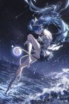  1girl absurdres armlet backless_dress backless_outfit bare_shoulders blue_eyes blue_gem blue_hair bracelet breasts building city city_lights cleavage detached_sleeves dress floating_hair from_side full_body full_moon gem highres iuno_(wuthering_waves) jewelry leg_ribbon long_hair looking_down moertong moon night no_shoes ocean outdoors planet planetary_ring ribbon ribbon_around_foot shooting_star single_sleeve sky solo standing standing_on_liquid standing_on_one_leg star_(sky) thigh_strap thighs tiptoes twintails very_long_hair waves white_sleeves wuthering_waves 