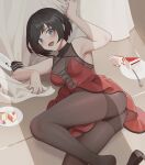 1girl :d armpits ass bangs bare_arms bare_shoulders black_hair black_pantyhose breasts cake dress food grey_eyes highres looking_at_viewer lying medium_breasts on_side open_mouth pantyhose plate red_dress revision ruby_rose rwby sheet_grab shoes short_hair smile solo spoon tile_floor tiles wangxiii 