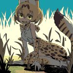  1girl animal_ears blonde_hair bow bowtie cat_ears elbow_gloves gloves grass hair_between_eyes kemono_friends kneeling looking_at_viewer open_mouth outdoors print_bow print_bowtie saboteri_(savot) serval_(kemono_friends) shirt sleeveless sleeveless_shirt solo tail thighhighs yellow_eyes 