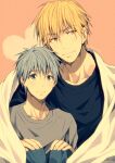  2boys bangs black_shirt blonde_hair blue_eyes blue_hair closed_mouth commentary_request earrings grey_shirt hands_on_own_knees heart hoop_earrings jewelry kise_ryouta knees_up kuroko_no_basuke kuroko_tetsuya mashima_shima multiple_boys shared_blanket shirt short_hair twitter_username yaoi yellow_eyes 