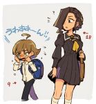  1boy 1girl ? ace_attorney ace_attorney_investigations ace_attorney_investigations_2 age_difference aged_down ahoge alternate_costume backpack bag black_dress braid brown_eyes brown_hair crying crying_with_eyes_open dress flipped_hair flying_sweatdrops hair_over_one_eye highres ichiyanagi_yumihiko long_hair long_sleeves looking_at_another mikagami_hakari neckerchief nono_(norabi) open_mouth pleated_dress sailor_collar sailor_dress school_uniform shirt short_hair tears walking yellow_neckerchief 