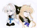  2girls aesc_(fate) aesc_(savior)_(fate) ahoge black_bow blonde_hair blue_eyes bow braid closed_eyes dual_persona durumi_daisuki fate/grand_order fate_(series) fur_trim hair_between_eyes hair_bow half_up_braid highres long_hair morgan_le_fay_(fate) morgan_le_fay_(first_ascension)_(fate) multiple_girls ponytail simple_background smile very_long_hair white_background white_hair 