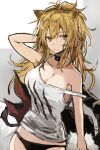  1girl animal_ear_fluff animal_ears arknights arm_behind_head arm_up bangs bare_arms bare_shoulders black_collar black_panties black_tank_top blonde_hair breasts brown_eyes cleavage collar collarbone grey_background hair_between_eyes highres large_breasts lion_ears lion_girl lion_tail long_hair panties shiduki_eku siege_(arknights) solo strap_slip tail tank_top two-tone_background underwear underwear_only white_background 