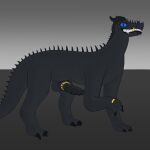  1:1 accessory balls black_body black_penis black_scales blue_eyes blue_sclera bodily_fluids claws cock_ring digital_drawing_(artwork) digital_media_(artwork) digitigrade dragon drooling erection feral frill_(anatomy) genitals gold_(metal) gold_tooth hi_res horn jewelry knot knotted_penis male mythological_creature mythological_scalie mythology penis penis_accessory penis_jewelry rabidpancake raised_foot ring saliva scales scalie smile solo spines teeth_showing 