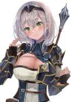  1girl armor armored_dress black_gloves blue_dress blush breasts cleavage cleavage_cutout closed_mouth clothing_cutout commentary_request dress fingerless_gloves gloves grey_hair hololive large_breasts looking_at_viewer polearm polearm_on_back shirogane_noel shirogane_noel_(1st_costume) short_hair smile solo spear virtual_youtuber weapon weapon_on_back white_background yuzuki_1212 