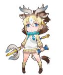  1girl animal_ear_fluff animal_ears blonde_hair blue_eyes closed_mouth extra_ears hair_ornament highres horns kemono_friends looking_at_viewer official_art scarf shirt shoes short_hair sivatherium_(kemono_friends) skirt socks solo tail transparent_background vest weapon yoshizaki_mine 
