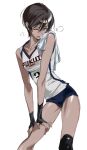  1girl bare_shoulders black_gloves blue_buruma blue_trim blush breasts brown_eyes brown_hair buruma character_name check_commentary clothes_writing collarbone commentary_request contrapposto dark-skinned_female dark_skin eyelashes fingerless_gloves gloves hands_on_own_thighs head_tilt jersey knee_brace korean_commentary looking_at_viewer one_eye_closed original parted_lips qikuwa shiny_skin shirt short_hair simple_background sleeveless sleeveless_shirt small_breasts solo sportswear steam steaming_body sweat toned toned_female towel towel_on_one_shoulder v-neck v_arms very_short_hair very_sweaty volleyball_uniform white_background white_shirt wiping_sweat 