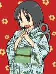  1girl a-king commentary_request floral_background green_kimono grey_eyes grey_hair highres interlocked_fingers japanese_clothes kimono nichijou open_mouth own_hands_together print_kimono red_background shinonome_nano short_hair solo solo_focus winding_key yukata 