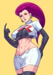  1girl abs absurdres black_footwear black_gloves blue_eyes boots breasts cirenk earrings elbow_gloves gloves hand_on_hip highres jessie_(pokemon) jewelry large_breasts lips long_hair looking_at_viewer midriff parted_lips pokemon purple_hair shirt short_sleeves skirt solo team_rocket team_rocket_uniform thigh_boots white_shirt white_skirt yellow_shirt zettai_ryouiki 
