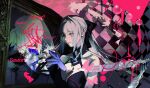  2girls aesc_(fate) aesc_(savior)_(fate) black_bow black_dress black_tiara blonde_hair blue_eyes bow braid closed_eyes dress dual_persona fate/grand_order fate_(series) hair_between_eyes hair_bow half_up_braid highres julhxh long_hair morgan_le_fay_(fate) morgan_le_fay_(third_ascension)_(fate) multiple_girls ponytail spikes tiara very_long_hair white_hair 