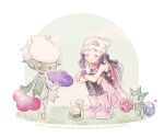  1girl 2others beanie black_hair black_thighhighs blue_flower blue_rose boots budew closed_eyes dawn_(pokemon) evolutionary_line flower grass hat long_hair multiple_others on_ground one_eye_closed pink_boots pink_skirt poke_ball_print pokemon pokemon_(creature) pokemon_diamond/pearl/platinum print_hat red_eyes red_flower red_rose rose roselia_(pokemon) roserade ryokuno_green skirt smile sparkle squatting squeans thighhighs white_background white_hat 