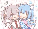  2girls ;) ;d ahoge animal_ear_fluff animal_ears blue_hair blue_hakama blue_kimono blush_stickers brown_eyes cat_ears cat_girl cat_tail chibi closed_mouth commentary_request fang floral_background floral_print hair_between_eyes hair_ornament hair_over_shoulder hairclip hakama hakama_skirt hands_in_opposite_sleeves heart heart_ahoge highres hololive japanese_clothes kimono lion_ears lion_girl lion_tail long_hair long_sleeves low_twintails mitarashi_neko multicolored_hair multiple_girls one_eye_closed print_kimono shishiro_botan shishiro_botan_(new_year) skirt sleeves_past_fingers sleeves_past_wrists smile streaked_hair tail twintails very_long_hair virtual_youtuber white_kimono wide_sleeves yukihana_lamy yukihana_lamy_(new_year) 