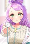  1girl absurdres bangs blurry blush closed_mouth coat collarbone commentary_request eyelashes eyeshadow gateau_scr green_eyes highres holding long_hair makeup miriam_(pokemon) open_clothes open_coat pink_eyeshadow pokemon pokemon_(game) pokemon_sv purple_hair smile solo stethoscope sweater upper_body white_coat yellow_sweater 