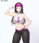  1girl :d absurdres artist_name bangs bare_shoulders breasts flexing grin han_juri hand_on_hip highres johwa_(1n33dyour1ov3) large_breasts long_hair looking_at_viewer midriff muscular muscular_female navel pants pink_eyes shirt simple_background sleeveless sleeveless_shirt smile solo street_fighter street_fighter_v teeth white_background white_shirt yoga_pants 