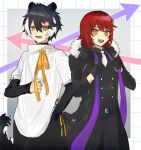  2boys :d adjusting_clothes animal_ears arrow_(symbol) belt black_belt black_coat black_gloves black_hair black_pants black_shirt black_sweater black_vest buttons coat collared_shirt commentary cosplay costume_switch cowboy_shot double-breasted english_commentary fang fingernails flower fur-trimmed_coat fur_trim gloves grey_background hair_between_eyes hair_flower hair_ornament hairclip hanasaki_miyabi hanasaki_miyabi_(cosplay) hand_in_pocket holostars jackal_boy jackal_ears jackal_tail kageyama_shien kageyama_shien_(cosplay) kandzue_pengin layered_sleeves long_sleeves looking_at_viewer lower_teeth_only male_focus medium_hair multicolored_hair multiple_boys necktie open_clothes open_coat outside_border pants red_hair ribbon sharp_fingernails shirt short_hair short_over_long_sleeves short_sleeves skin_fang sleeves_past_wrists smile stole sweater tail teeth turtleneck turtleneck_sweater two-tone_hair upper_teeth_only v-shaped_eyebrows vest virtual_youtuber white_hair white_necktie white_shirt yellow_eyes yellow_ribbon 