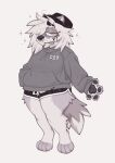 2023 4_fingers anthro barefoot beanie black_beanie black_clothing black_hat black_headwear bottomwear bridge_piercing canid canine canis caterpillar_incorporated clothed clothed_anthro clothed_female clothing digital_drawing_(artwork) digital_media_(artwork) dipstick_tail ear_piercing ear_stud ears_through_headwear english_description facial_piercing feet female female_anthro fingers fluffy fluffy_hair hair hair_over_eye hand_in_pouch hat headgear headwear hotpants logo_on_hoodie logo_on_topwear long_sleeves mammal markings messy_hair nextel nonbinary_(lore) nose_piercing nose_ring one_eye_obstructed pawpads piercing pouch_(anatomy) ring_piercing shorts simple_background solo sparkles standing sweater tail tail_markings tiptoes tongue tongue_piercing tongue_stud topwear white_background white_hair wolf wulf_(wobbybones) zipper zipper_topwear