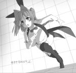  1girl :o animal_ears bandeau bare_arms blush boots bow bowtie breasts cleavage coattails commentary_request cuff_links detached_collar dot_nose fake_animal_ears fang fold-over_boots from_below full_body greyscale hair_intakes hashtag high_heel_boots high_heels highres lapels large_breasts long_hair looking_ahead miton-chan_(miton_(turuyasann)) miton_(turuyasann) monochrome one_side_up open_mouth original playboy_bunny rabbit_ears running skin_fang solo tailcoat thigh_boots tile_floor tile_wall tiles traditional_bowtie v-shaped_eyebrows vest wrist_cuffs 