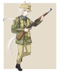  1girl absurdres afrika_korps ammunition_pouch animal_ears backpack bag black_boots blonde_hair blue_eyes blue_scarf boots border braid braided_ponytail brown_background brown_bag camouflage camouflage_jacket cat_ears censored censored_symbol chinese_commentary cockade collar_tabs combat_boots commentary_request contrast_collar ears_through_headwear full_body gewehr_43 green_jacket gun hat highres holding holding_gun holding_weapon jacket leg_up liemiao707 long_hair long_sleeves looking_ahead luftwaffe m43_field_cap military military_hat military_jacket military_uniform open_mouth original outline outside_border pants paratrooper polka_dot polka_dot_scarf pouch reichsadler rifle scarf simple_background single_braid soldier solo weapon white_border white_outline world_war_ii yellow_hat yellow_pants 