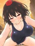  1boy 1girl alternate_costume back_cutout black_one-piece_swimsuit blush breasts brown_hair censored cleavage closed_mouth clothing_aside clothing_cutout commentary_request competition_swimsuit cowgirl_position cum cum_in_pussy cum_overflow ejaculation erection hat hetero highres hinben large_breasts looking_at_viewer medium_hair mosaic_censoring multicolored_swimsuit one-piece_swimsuit paid_reward_available penis red_eyes red_hat sex shameimaru_aya smile straddling swimsuit swimsuit_aside tokin_hat touhou vaginal wet 