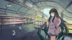  2girls absurdres alternate_costume animal_print black_hair blunt_bangs bow bowtie casual cellphone chinese_commentary closed_mouth commentary_request fujiwara_no_mokou grey_hair hair_bow highres hinanawi_tenshi holding holding_phone houraisan_kaguya ibuki_suika inaba_tewi itabag konpaku_youmu long_hair minuo multiple_girls phone rabbit rabbit_print red_eyes shameimaru_aya smartphone solo_focus spoken_squiggle squiggle subway_station touhou train very_long_hair white_bow white_bowtie 