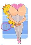  ass blonde_hair highres holding holding_racket holding_tennis_racket huge_ass kooprite mario_(series) princess_peach racket sportswear tennis tennis_racket tennis_skirt tennis_uniform 