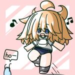  1girl abstract_background ahoge black_socks blonde_hair bloomers blue_buruma blue_eyes buruma dancing gym_uniform hono_esw9 long_hair musical_note open_mouth original pink_background shirt shoes short_sleeves slime_(creature) socks solo solo_focus t-shirt 
