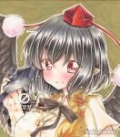  1girl bird_wings black_hair black_wings breasts camera collared_shirt commentary hat highres holding holding_camera large_breasts looking_at_viewer medium_hair nekofish666 pink_skirt pom_pom_(clothes) red_eyes red_hat shameimaru_aya shirt short_sleeves skirt solo tokin_hat touhou traditional_media twitter_username watermark wings yellow_shirt 