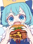  1girl absurdres blue_bow blue_dress blue_eyes blue_hair blue_nails blush bow burger cirno dress fairy fingernails food hair_bow highres holding holding_food ice ice_wings kame_(kamepan44231) nail_polish open_mouth shirt short_hair short_sleeves simple_background solo touhou upper_body white_background white_shirt wings 