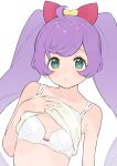  1girl :o absurdres ahoge bare_shoulders bow bra breasts camisole camisole_lift cleavage clothes_lift commentary_request green_eyes hair_bow hand_on_own_chest hand_up highres hyakumangoku_masurao lifting_own_clothes light_blush long_hair looking_at_viewer no_pupils parted_lips pink_bow pretty_series pripara purple_hair simple_background small_breasts solo straight_hair twintails underwear upper_body white_background white_bra yellow_camisole 