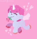  &lt;3 2020 blue_body blush child digital_drawing_(artwork) digital_media_(artwork) equid equine eyelashes eyes_closed feral flower flower_in_mouth hair happy hi_res hooves horn male mammal mane osamu_tezuka pink_hair pink_mane plant rolyjulioli sanrio signature smile solo unico unico_(series) unicorn walking young 