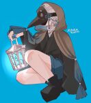  ankle_boots black_boots blue_background blue_shorts boots chinese_knot cloak commentary_request earrings fumyu6v38f96653 gender_request grey_cloak high_collar highres holding holding_lantern hood hood_up hooded_cloak jewelry lantern original plague_doctor_mask pose_request profile short_hair shorts solo stud_earrings 
