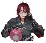  1boy bespectacled black_gloves black_kimono commentary creature cropped_torso elbow_gloves facing_viewer finger_in_own_mouth finger_to_mouth fingerless_gloves frown glasses gloves hand_rest hatooishi highres holostars holostars_english japanese_clothes jurard_t_rexford jurard_t_rexford_(2nd_costume) kimono male_focus medium_hair nail_polish nervous_sweating o_o official_alternate_costume official_art open_mouth pinky_to_mouth red_eyes red_hair red_nails scared sharp_teeth slit_pupils sorawrity_(jurard_t_rexford) sweat teeth tongue tongue_out upper_body virtual_youtuber white_background 