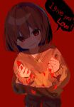  1other :d androgynous blood blood_on_hands blush blush_stickers bob_cut brown_hair brown_shorts chara_(undertale) clenched_hands commentary dripping english_text evil_smile from_above glowing glowing_eyes gold_necklace green_sweater hair_between_eyes hands_up head_tilt heart_locket highres horror_(theme) jewelry locket long_sleeves looking_at_viewer looking_up necklace outline pendant r_ianna red_background red_eyes red_light red_outline shaded_face short_hair shorts simple_background single_horizontal_stripe smile solo sparkle speech_bubble standing sweater two-tone_sweater undertale utdr_(toby_fox) yandere yellow_sweater 