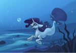 aquatic black_and_blue bubble curly_hair ears_back equid equine female feral fin friendship_is_magic hair hasbro hi_res hooves horn looking_up mammal merfolk mermaid_tail merpony monochrome my_little_pony mythological_creature mythological_equine mythology open_mouth pivoted_ears rarity_(mlp) seaweed solo split_form stirren swimming underwater unicorn water