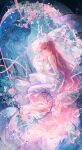  1girl absurdly_long_hair absurdres architecture backless_dress backless_outfit bare_shoulders bilingual_commentary breasts bud building castle commentary detached_sleeves dress english_commentary fingernails floating_ribbon floral_rebirth_(infinity_nikki) flower forehead_jewel from_side gem highres holding_veil horns infinity_nikki large_breasts leaf long_hair looking_to_the_side maccha_(mochancc) medael_(infinity_nikki) mixed-language_commentary nail_polish nikki_(nikki) nikki_(series) pearl_(gemstone) pearl_body_chain pink_flower pink_hair pink_nails pink_ribbon plant purple_eyes ribbon see-through_horns sitting sitting_on_hand sleeves_past_fingers sleeves_past_wrists solo statue veil very_long_hair white_dress white_veil 